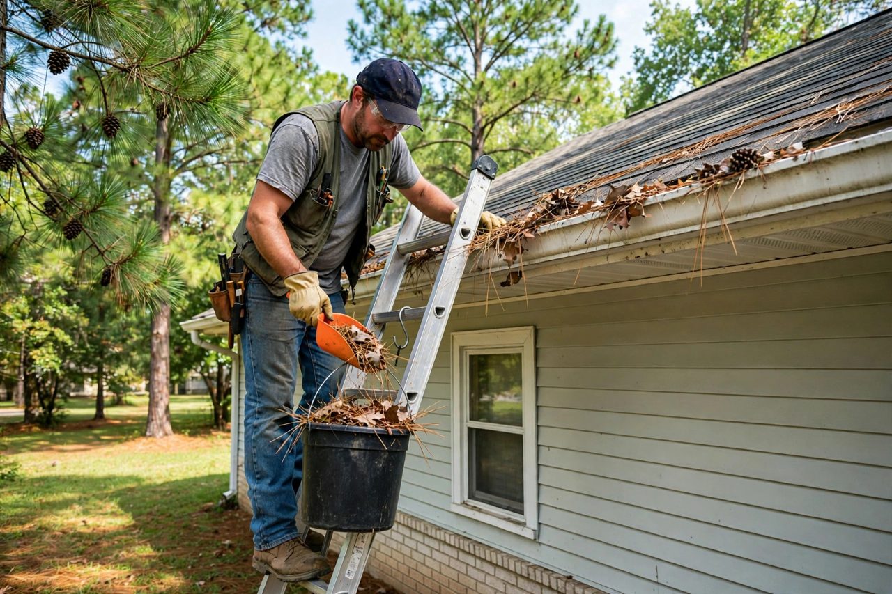 Worker scooping pine needles and leaves out of a house gutter by hand from a ladder