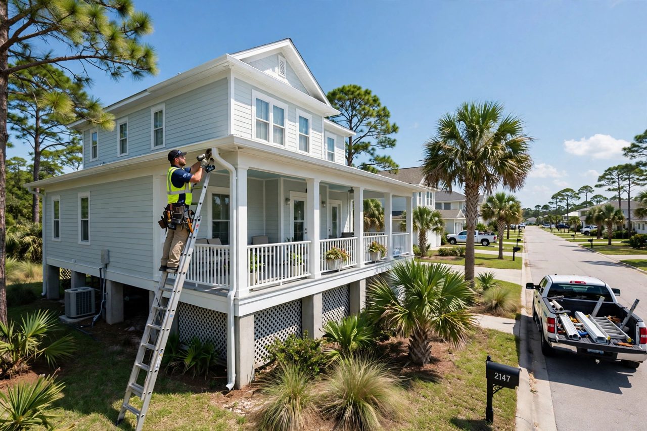Installer on a ladder repairing the gutter and downspout at the corner of a Biloxi coastal home