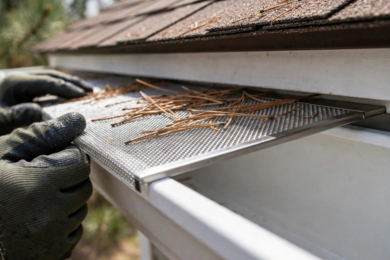 Close-up of a micro-mesh gutter guard fitted to a white gutter, pine needles sitting on top of the mesh