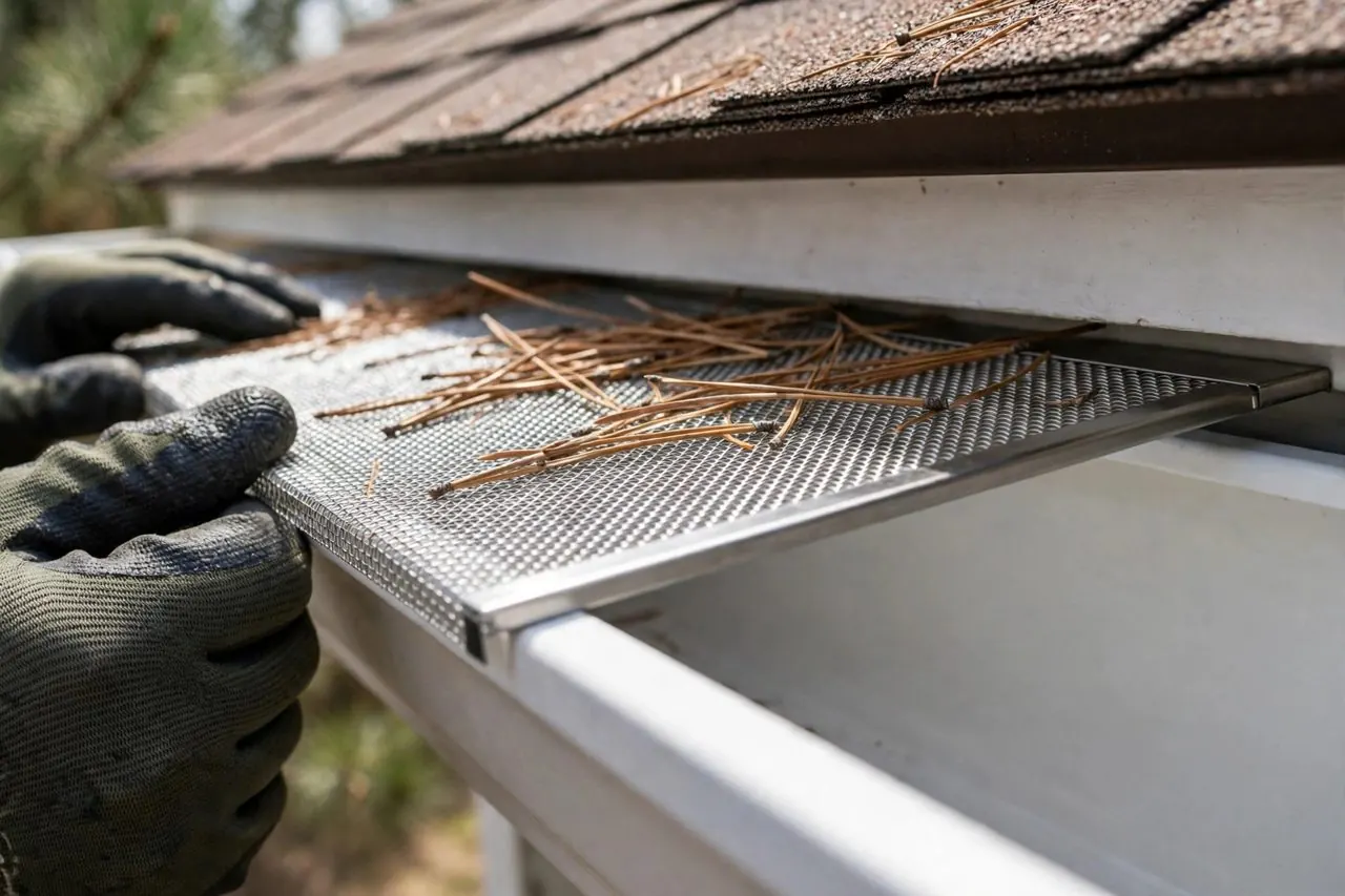 Micro-mesh gutter guard installed on a gutter with pine needles resting on top, unable to enter