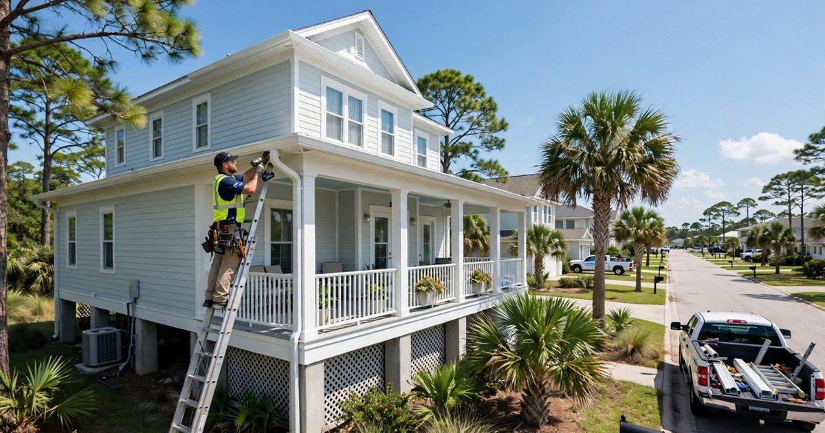 Raised Biloxi home where gutters and downspouts carry roof water away from the pilings and foundation