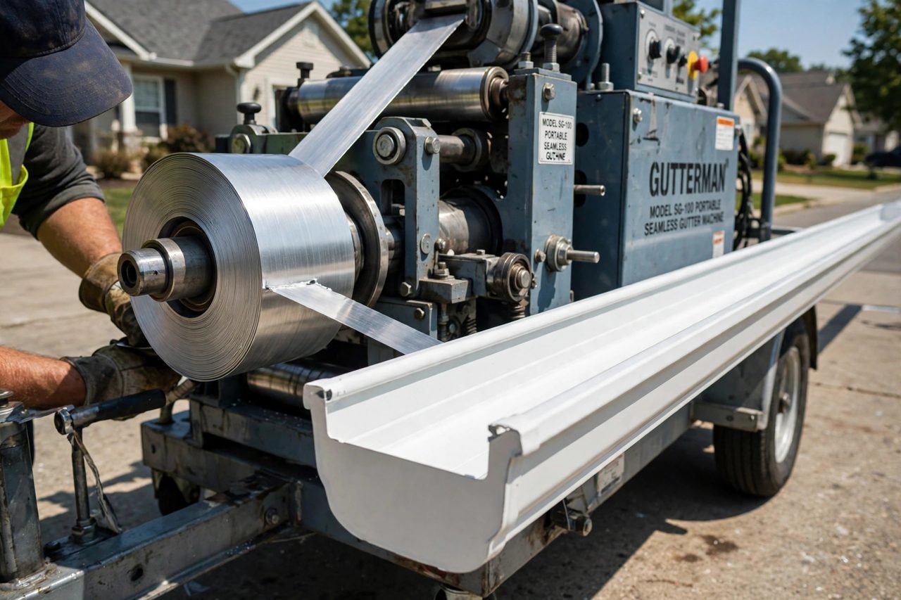 Seamless gutter machine producing a long white gutter run, the system most Biloxi cost quotes are built on
